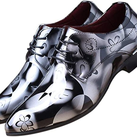 Santimon Mens US 9.5, 12 Grey Floral Patent Leather Pointed Toe Oxford Shoes - Picture 2 of 8